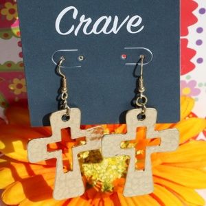 Boho Earrings Hammered Cross Dangles Goldtone